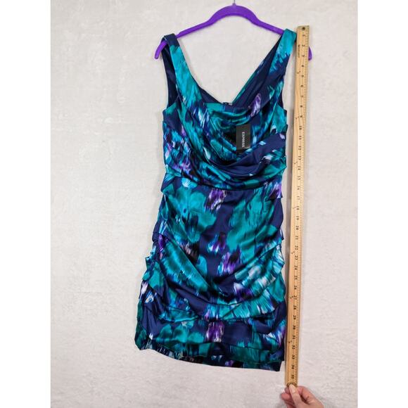 Express Design Studio Vintage Women's Purple Blue Silk Ruched Mini Dress Size 6 - Picture 10 of 12